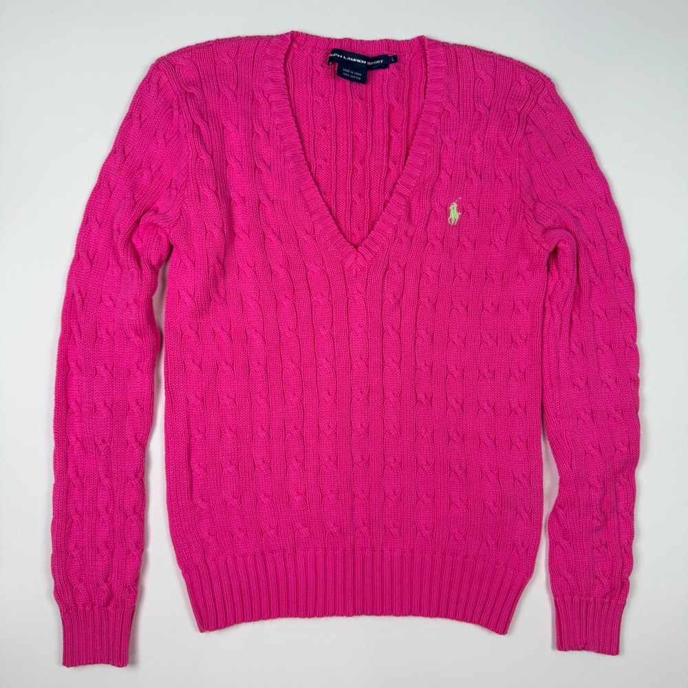 Ralph Lauren Sport Sweater Womens L Hot Pink Excellent V-Neck Cable Knit Cotton - Picture 2 of 11